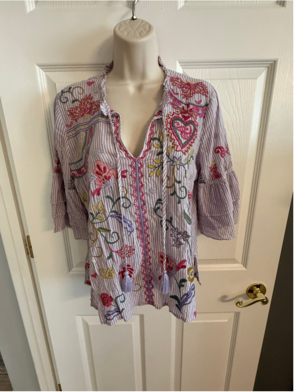 Johnny Was Ashlee Ruffle Sleeve Embroidered Striped Blouse Tunic XXS EUC